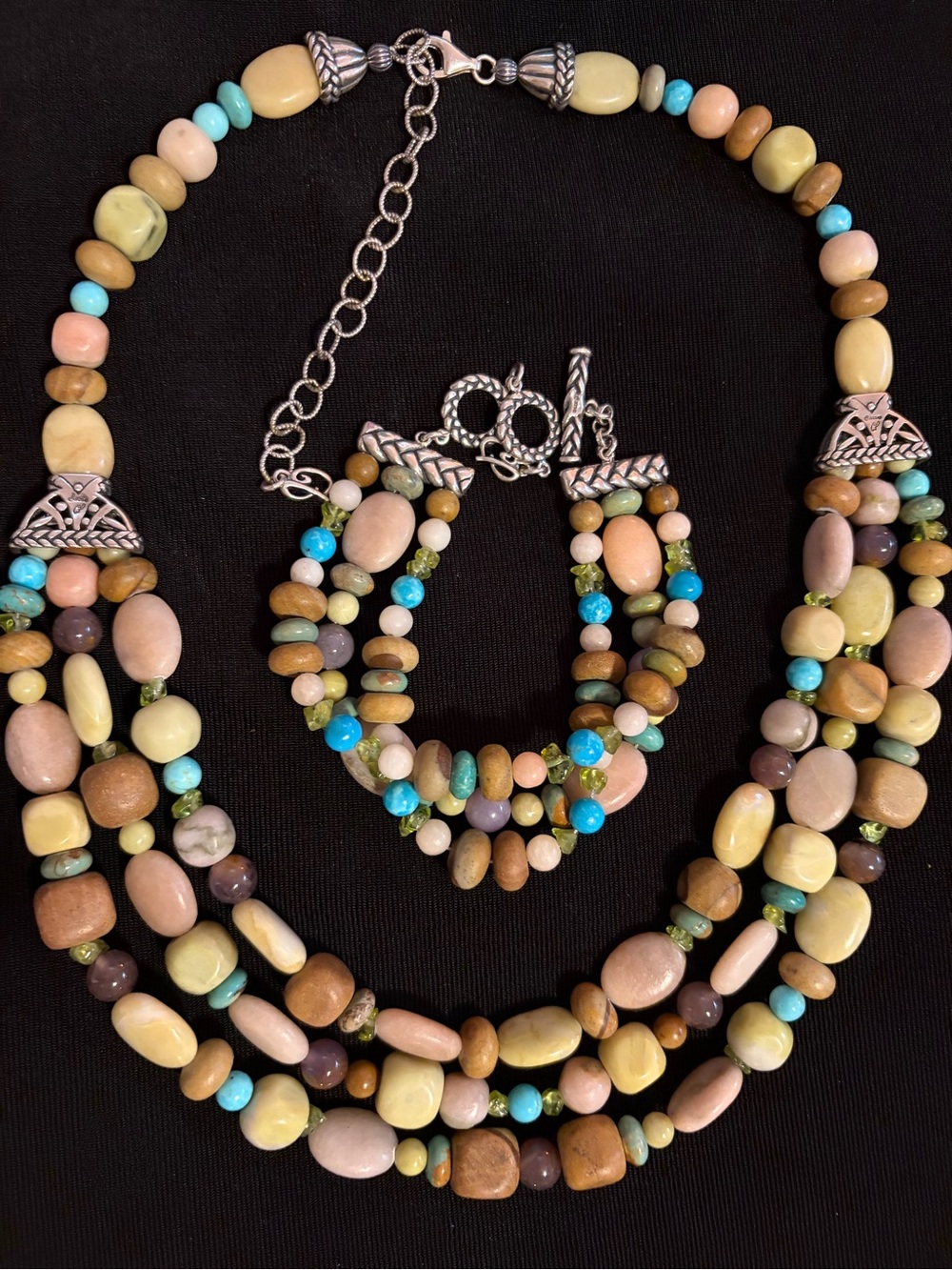 New 925 Carolyn Pollack Genuine Gemstone 3 Strand Necklace & Bracelet in Box - Picture 3 of 10